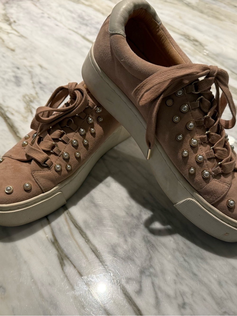 Joie Rose Taupe Suede Pearl-Embellished Platform Sneakers
